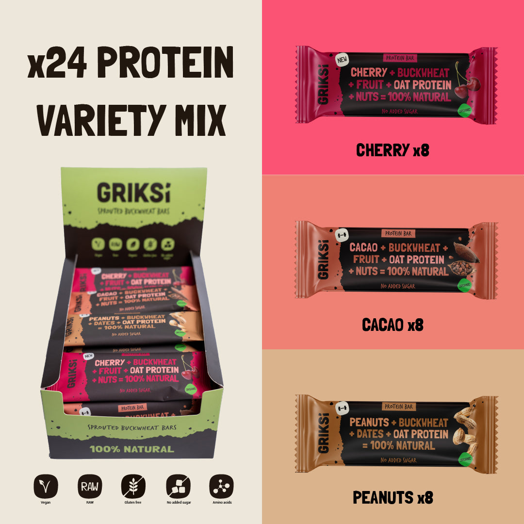 3 garšas PROTEĪNA griķu batoniņu MIX kaste -  24 gab. 